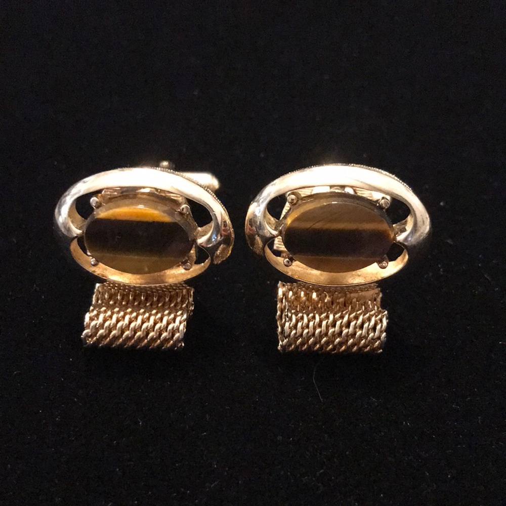 3/$15 ⭐️ Vtg cuff links wrap style gold tone brown agate stone cufflinks (B)